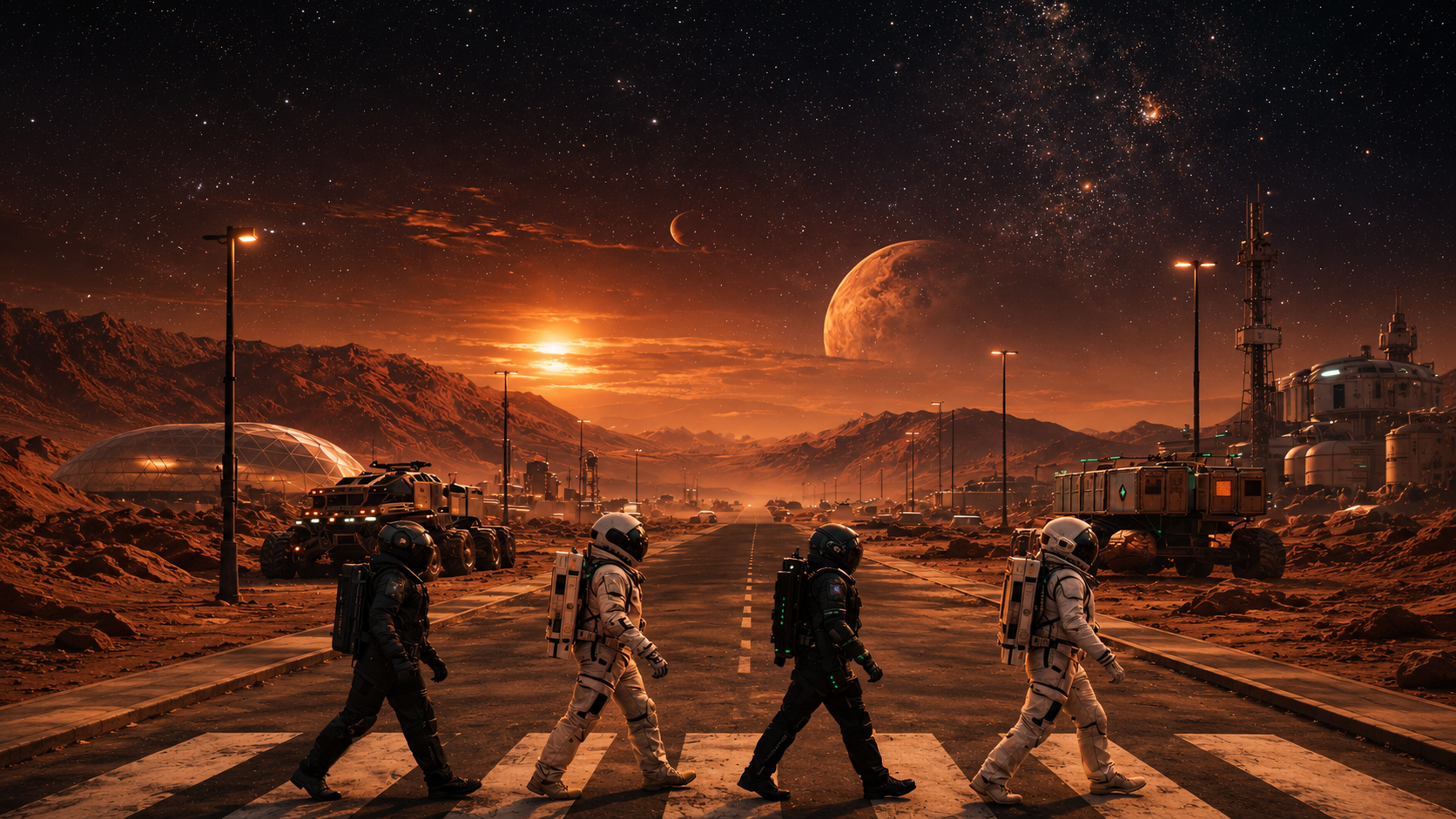 Durahuman Group human expansion readiness frontier habitat scene with astronauts, vehicles, and off-world infrastructure