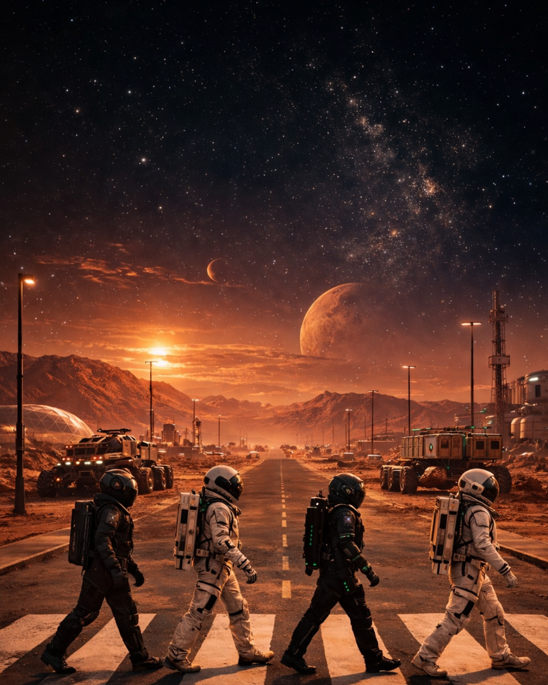 Durahuman Group human expansion readiness frontier habitat scene with astronauts, vehicles, and off-world infrastructure