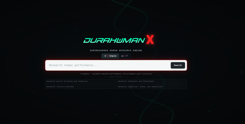 A digital promotional graphic for 'DURAHUMAN X', a 'Supercharged Human Research Engine', featuring a glowing green and red logo on a dark background with a central search bar and futuristic interface elements.