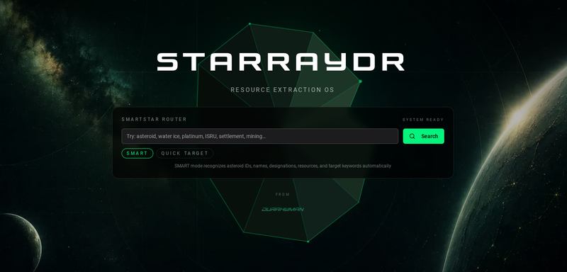 Promotional graphic for 'Starrayor Resource Extraction OS' featuring a dark futuristic interface with a search bar and green buttons, set against a space background with planets and stars.